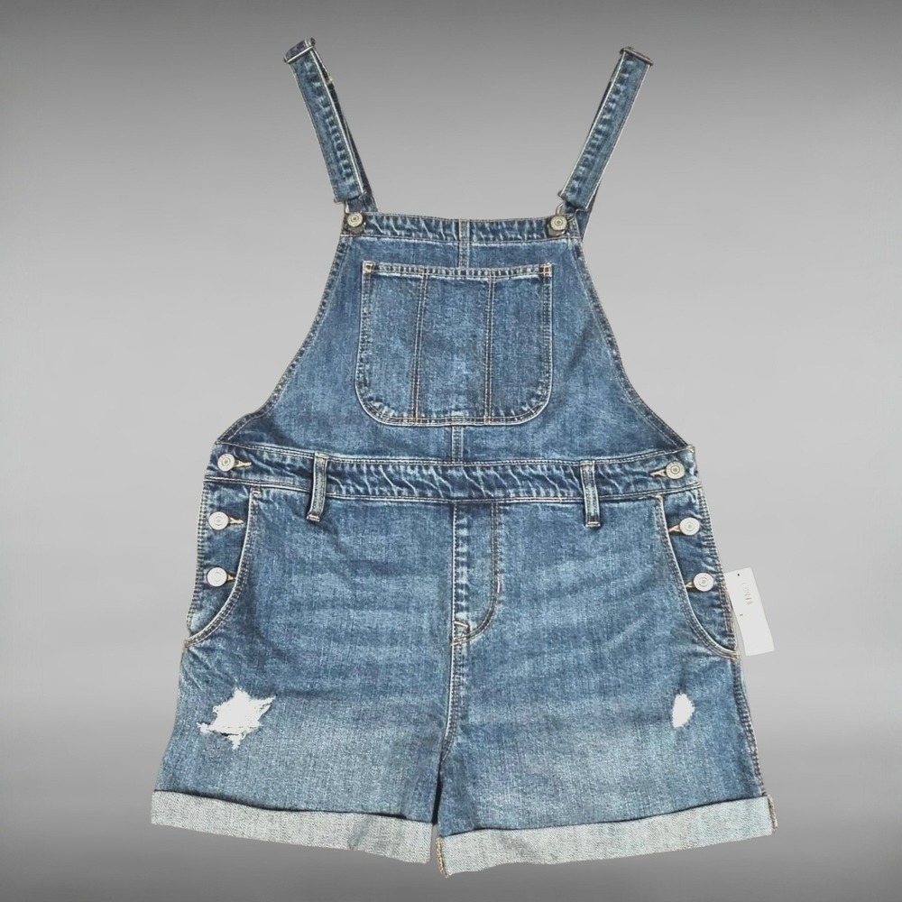 NWT Old Navy Denim Shortalls Distressed Cuffed Bib Overalls Festival Boho‎ M